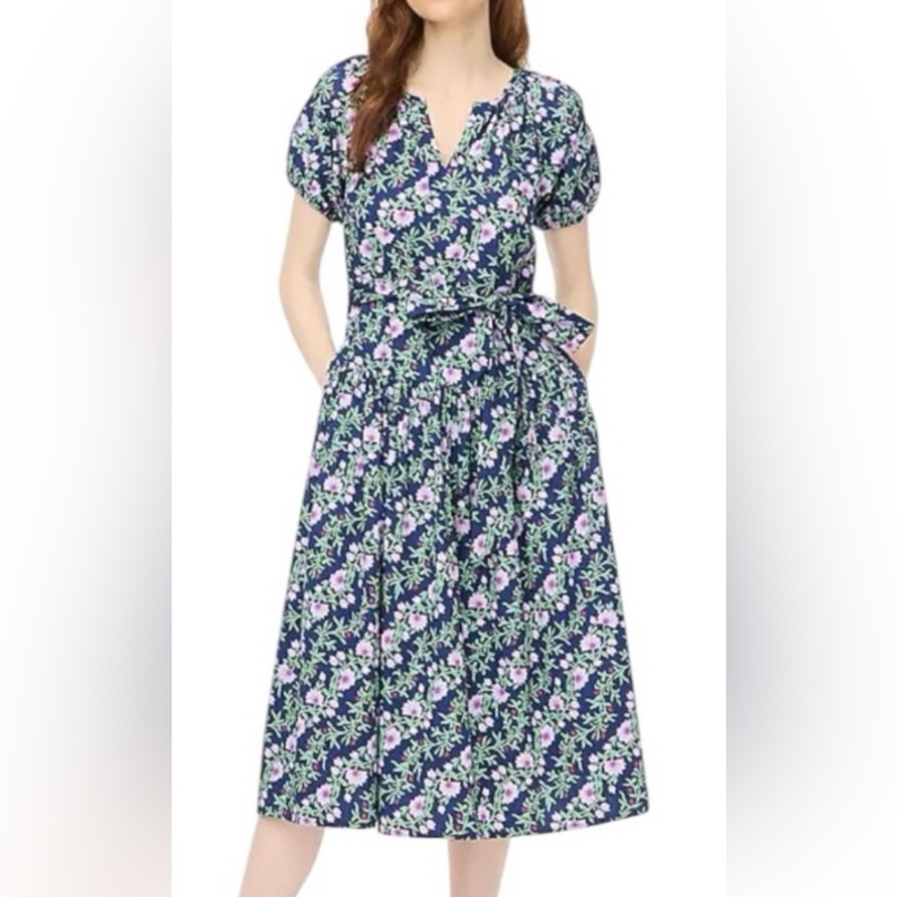 NWT J. Crew Woman’s Puff Sleeve Tie Waist Floral Midi Dress Size 14
